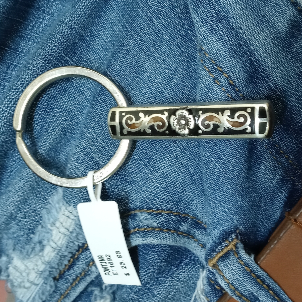 Brighton Fontina Black Brown Enamel Pendant Silver Plated Key Chain